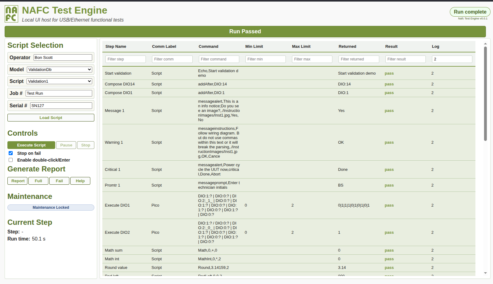 NAFC Test Engine run view screenshot
